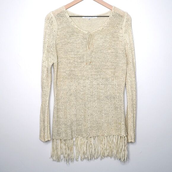 Max Studio Womens Knit Top 2X Beige‎ Cream Keyhole Boho Fringe Resort Festival - Picture 1 of 12
